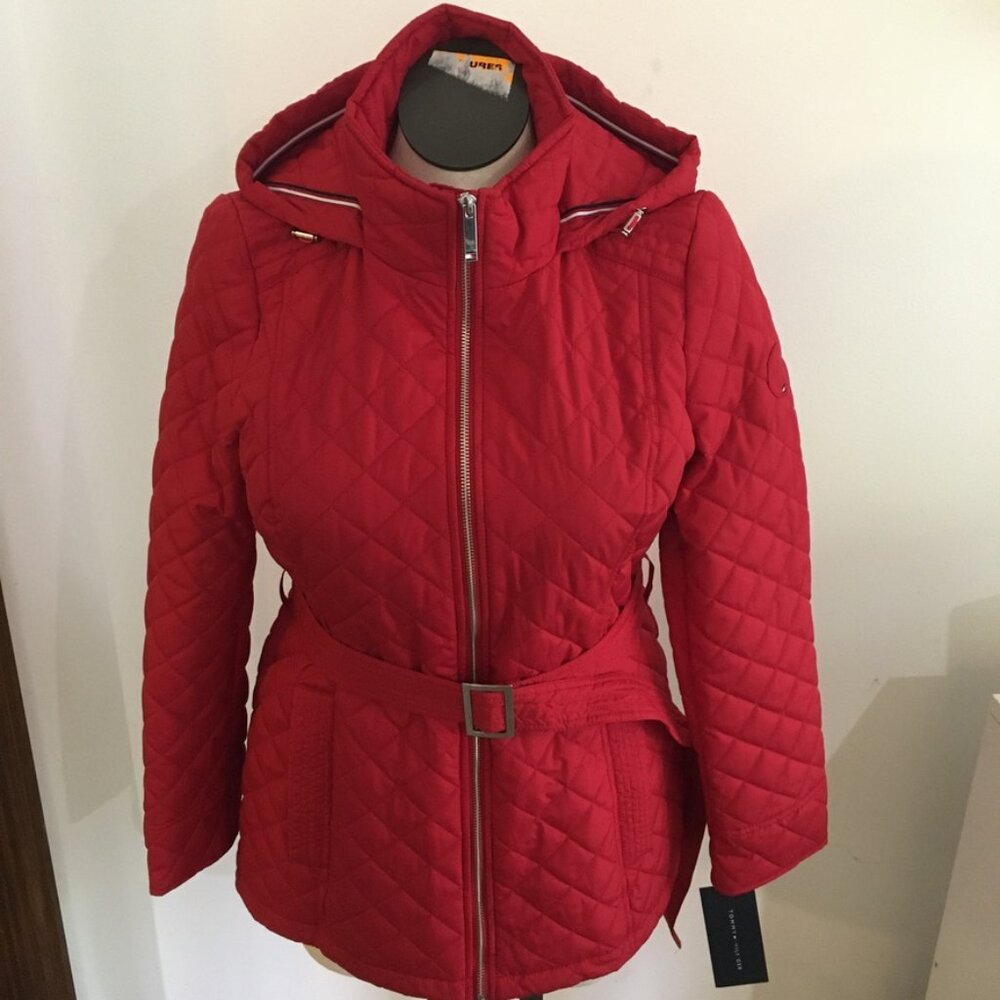 Tommy Hilfiger Quilted Driving Coat with Belt and Hood Size Medium NWT